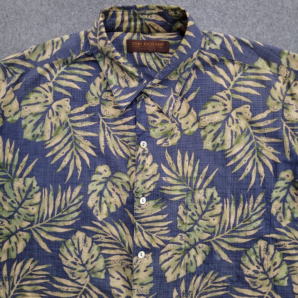 Tori Richard Shirt Mens Large Blue Green Floral Palm Leaf Hawaiian Cotton Lawn